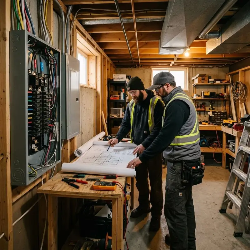 Two electricians reviewing plans beside an open panel in a home basement