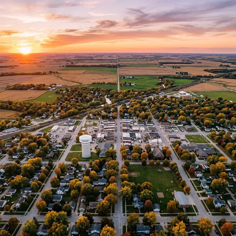 Aerial view of a small Midwestern city with tree lined streets and a water tower at sunset