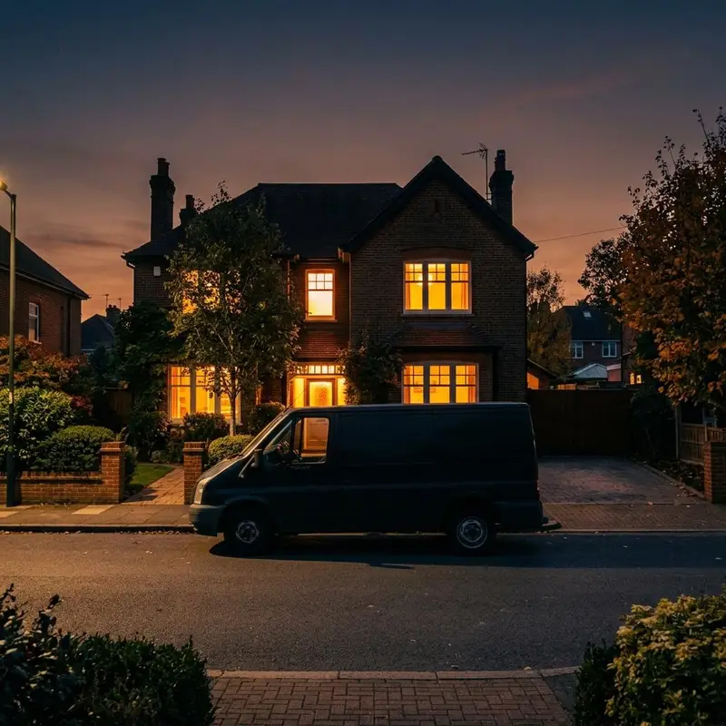 Service vehicle silhouette parked in front of a brick house at dusk with glowing windows