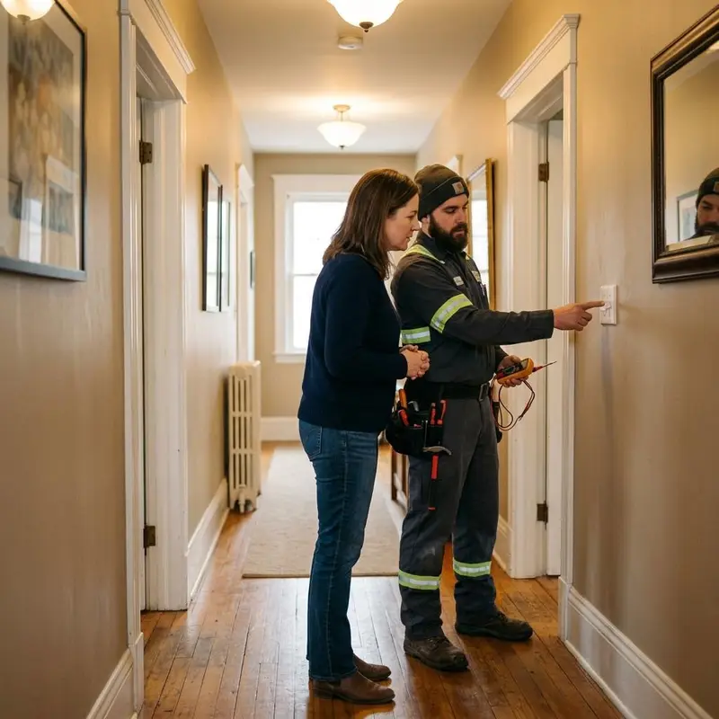 Homeowner and electrician looking at a light switch plate in a hallway