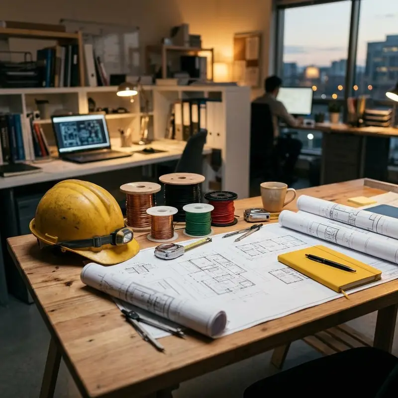 Desk with blueprint papers, a hard hat and spools of wire in soft amber light
