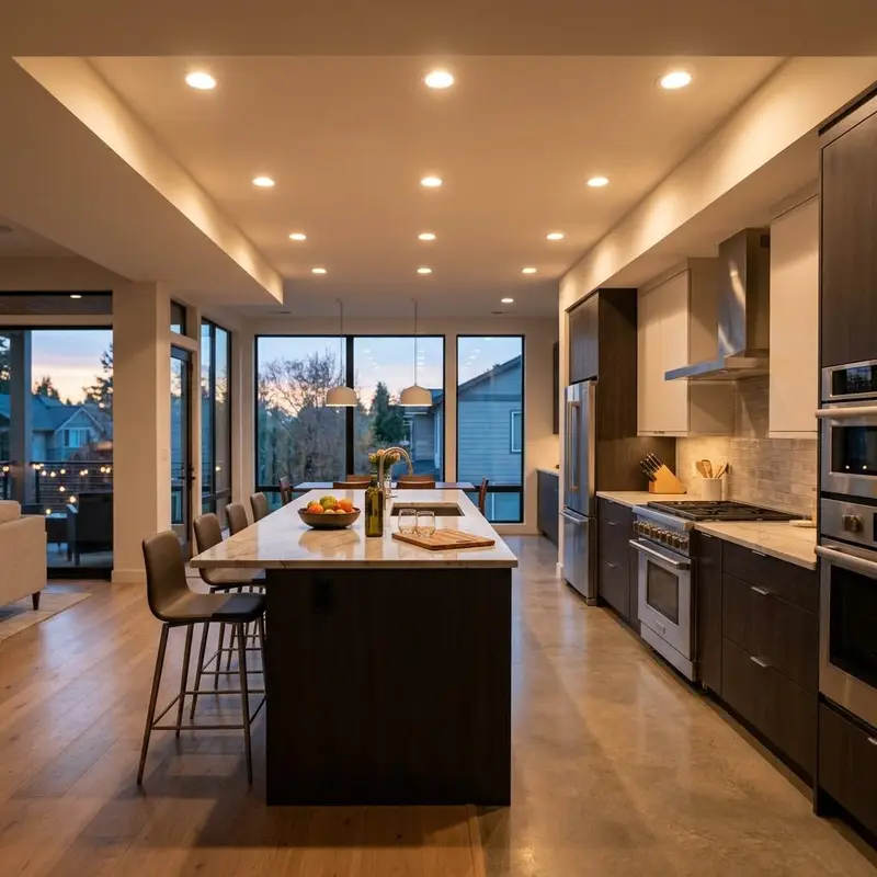 Inspiration image of recessed ceiling lighting in a modern kitchen at evening