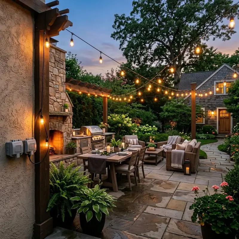 Inspiration image of an outdoor patio with weatherproof outlets and string lights at dusk