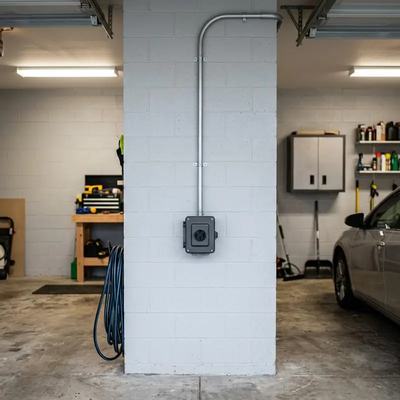 Inspiration image of a garage wall outlet with neatly run conduit