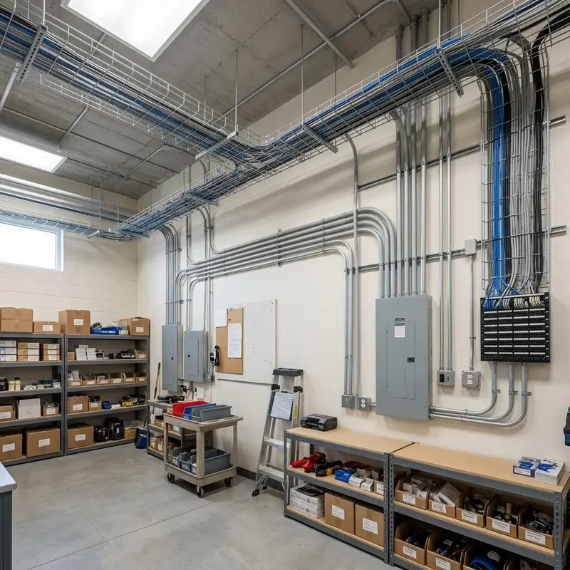Inspiration image of cable tray and conduit in a small business back room