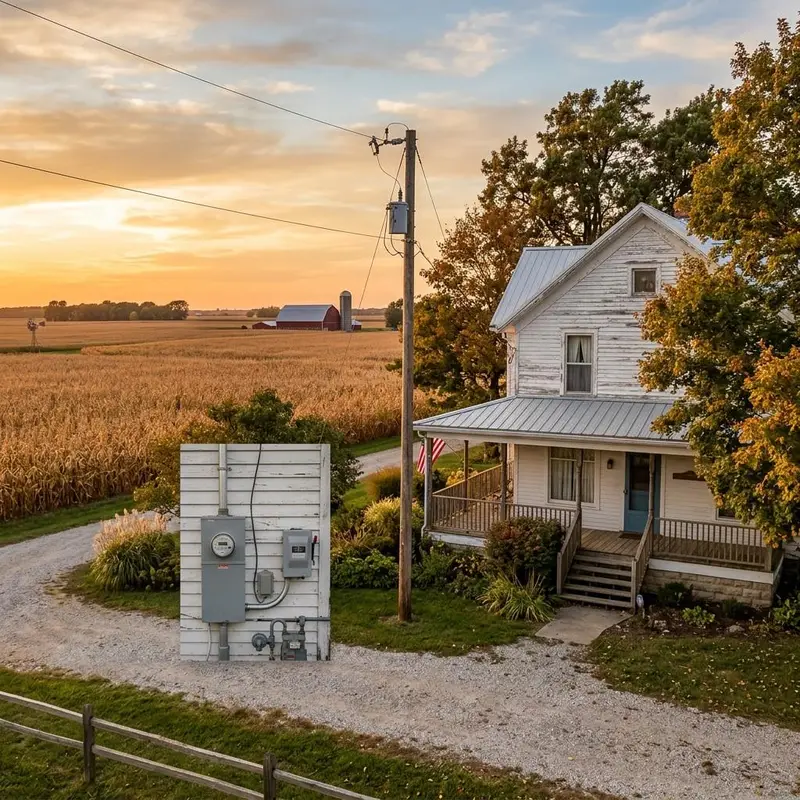 Illinois farmhouse with a utility meter and service entrance at golden hour