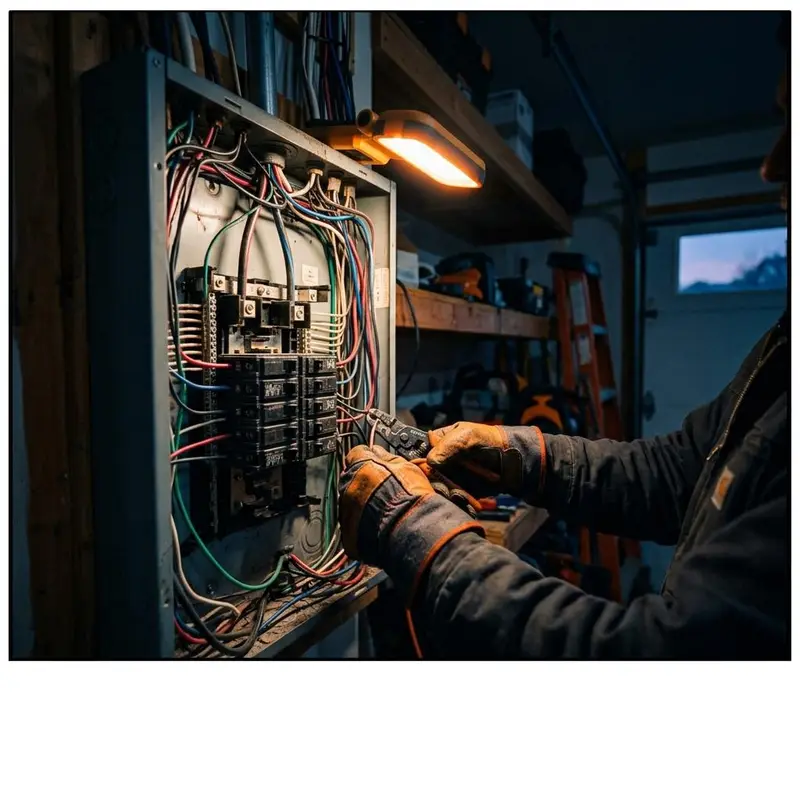 Electrician working inside an open residential electrical panel under warm work light