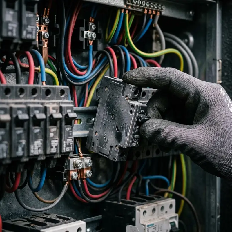 Hand replacing a circuit breaker inside an open electrical panel