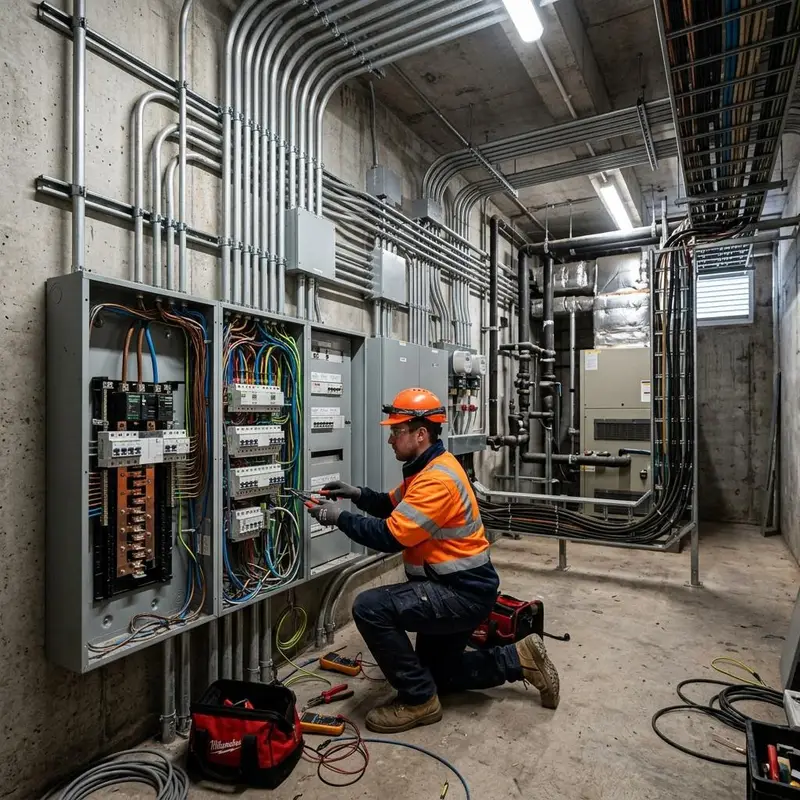 Electrician working on conduit and a distribution board in a commercial utility room