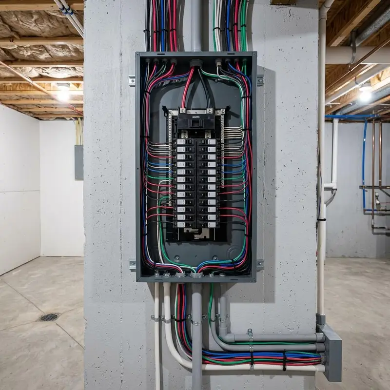 Newly installed gray electrical panel with neatly arranged colored wires in a basement