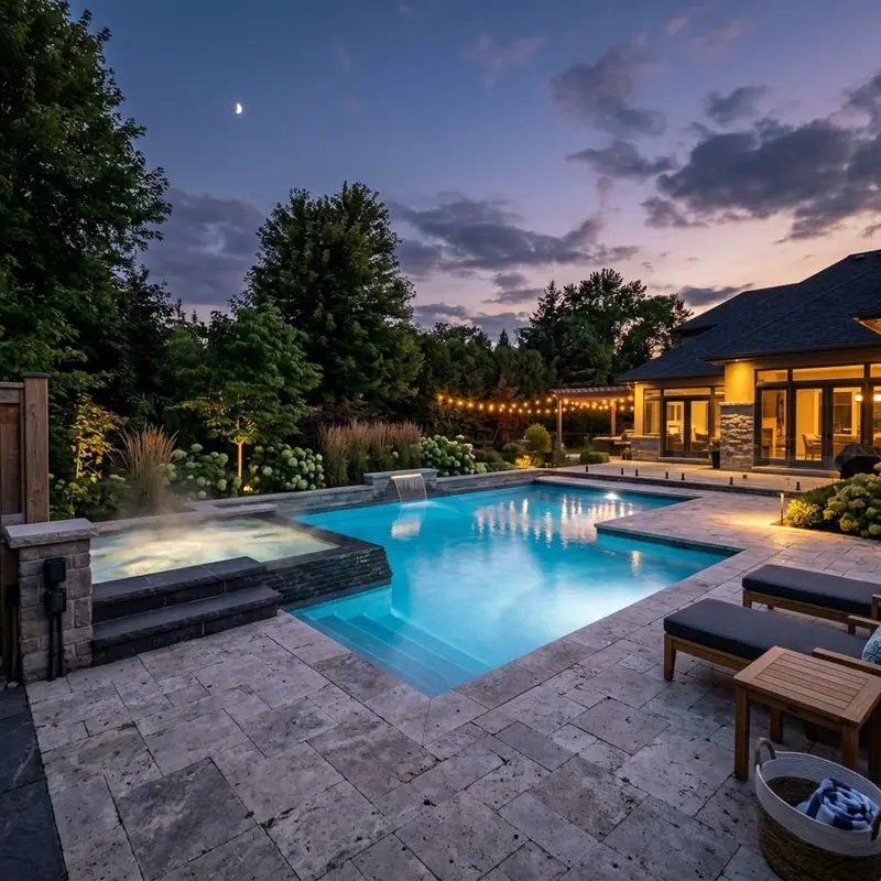 Backyard swimming pool and spa at twilight with softly glowing underwater lights