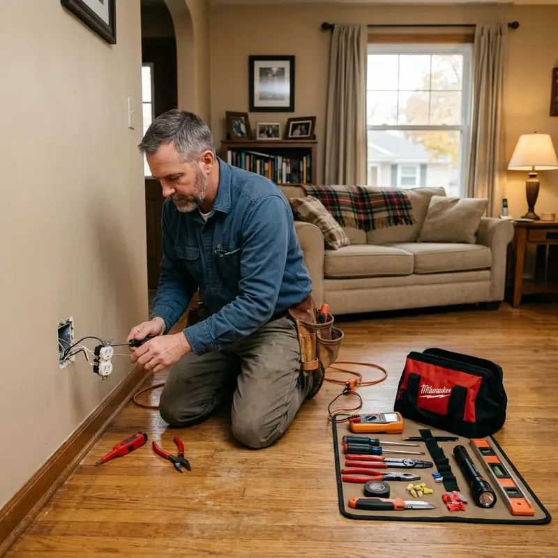Electrician repairing a wall outlet in a home with hand tools laid out nearby