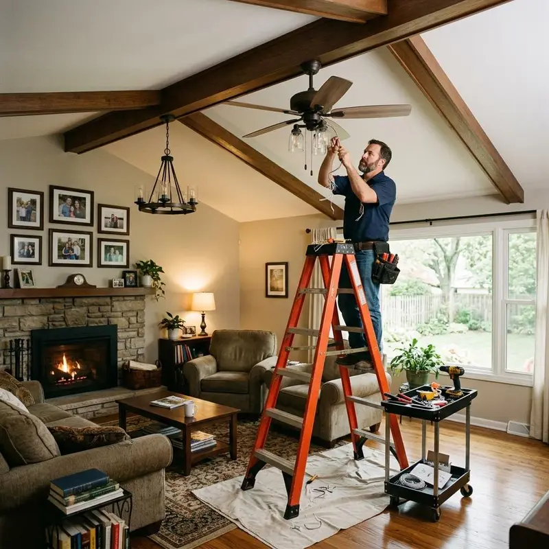 Electrician on a ladder installing a ceiling fan in a cozy living room