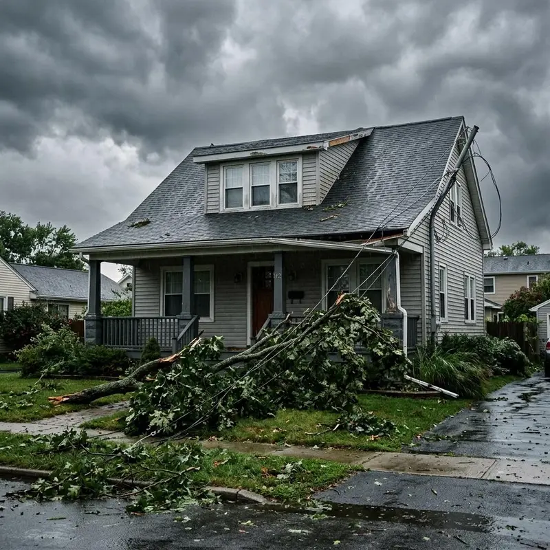 Storm damaged house exterior with a bent electrical service mast and a fallen branch