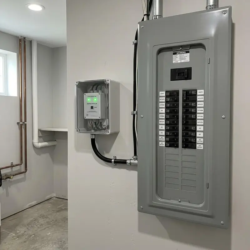 Whole house surge protection device mounted beside a main electrical panel