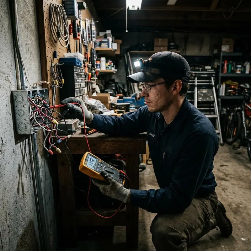 Electrician using a digital multimeter to test wiring inside a junction box