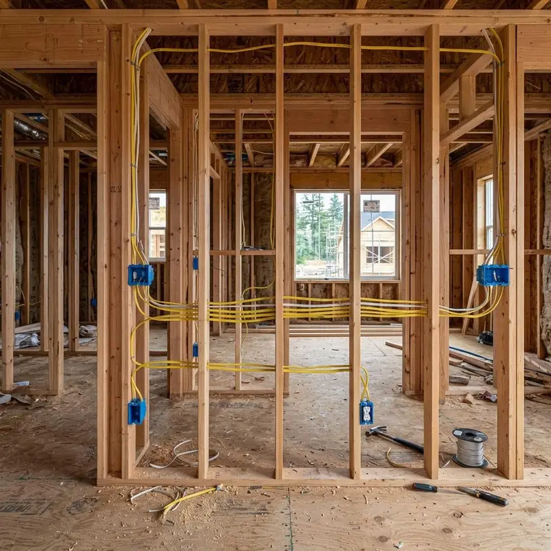 Wall studs with fresh electrical cable runs and boxes in a home under construction
